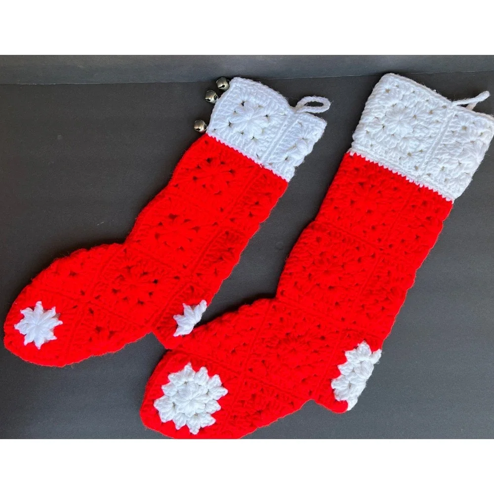 VTG Crochet Christmas Stockings Pair Red White Granny Squares Handmade 21